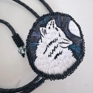 Handmade Beaded & Embroidered Wolf Lobo Bolo Tie Necklace